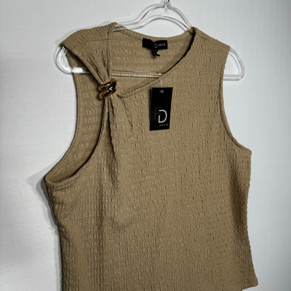 Fred David Tank Top Womens‎ L Tan New Textured Gold Ring Asymmetrical - Picture 3 of 7
